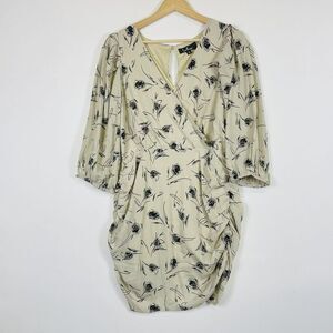 NEW Lulus Mini Dress Women Large Beige Black Floral Ruched Wrap French Girl Chic